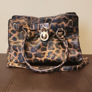 Chic Leopard Print Satchel with Gold Accents